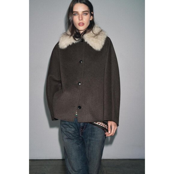 ZARA WOOL JACKET WITH FAUX FUR COLLAR ZW COLLECTION - Picture 3 of 9